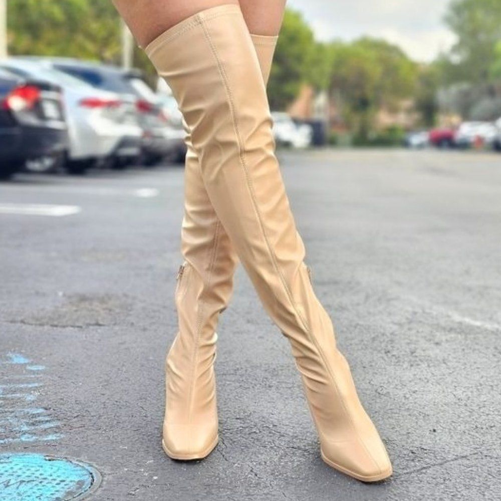 Women's Thigh High Over the Knee Boots Chunky Heel Nude Color